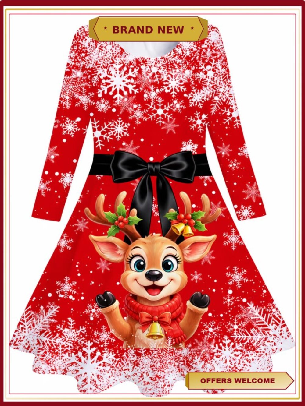 Girls Long Sleeve A-Line Twirly Skater Christmas Dress 5-13 Years